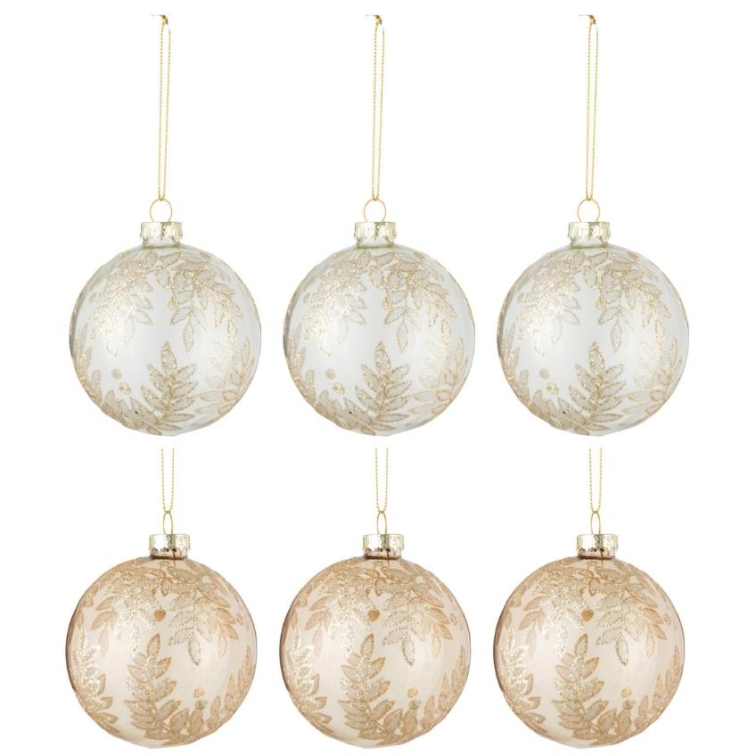Set šesti bílých/zlatých skleněných vánočních ozdob J-Line Nylah 8,5 cm