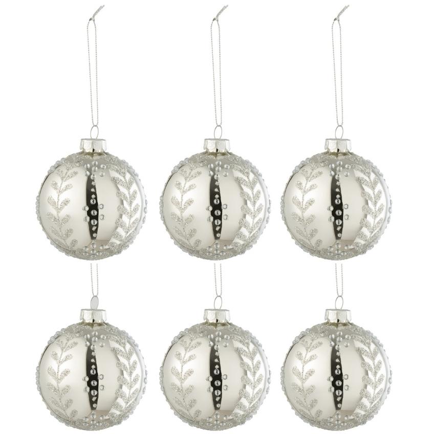 Set šesti stříbrných skleněných vánočních ozdob J-Line Kim 8,5 cm
