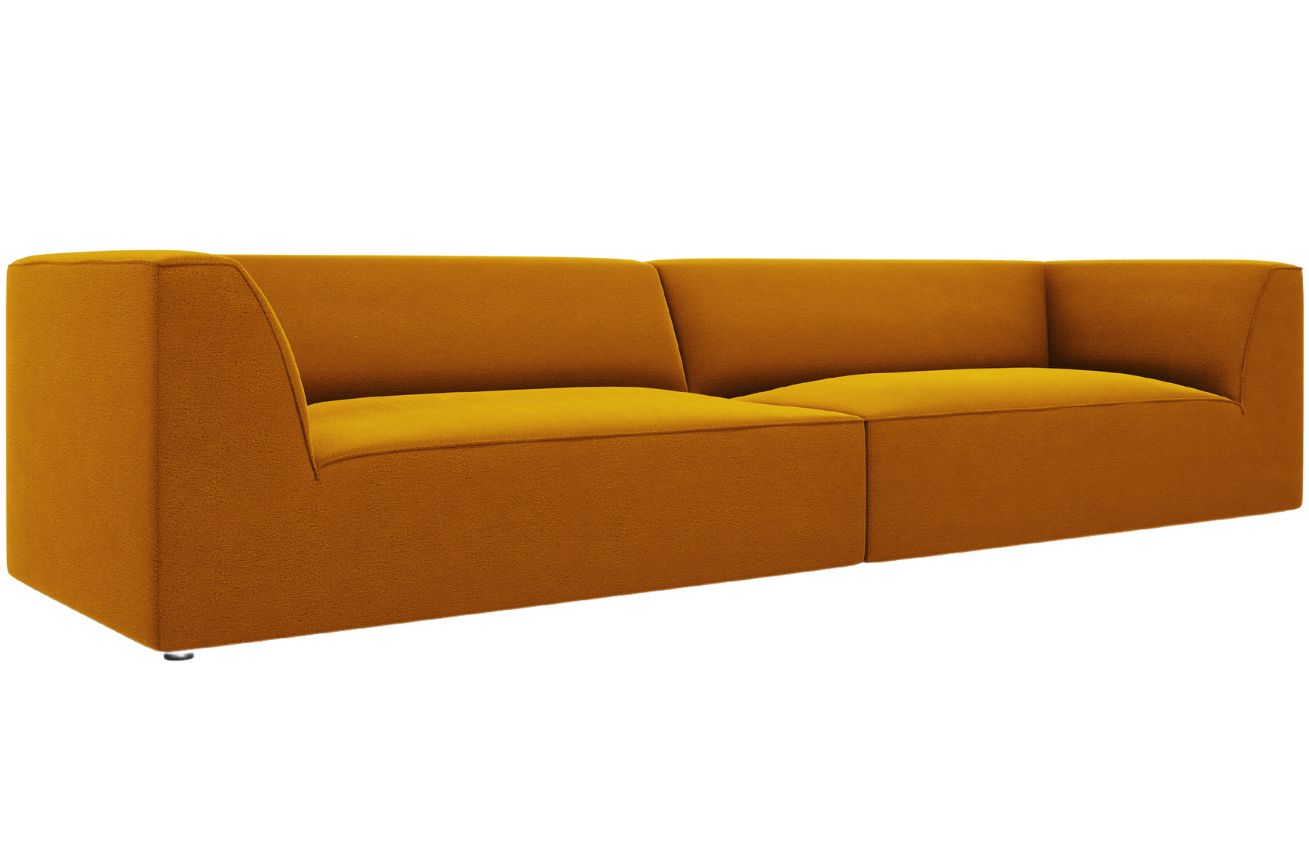 Žlut&aacute; sametov&aacute; čtyřm&iacute;stn&aacute; pohovka MICADONI Ruby 302 cm