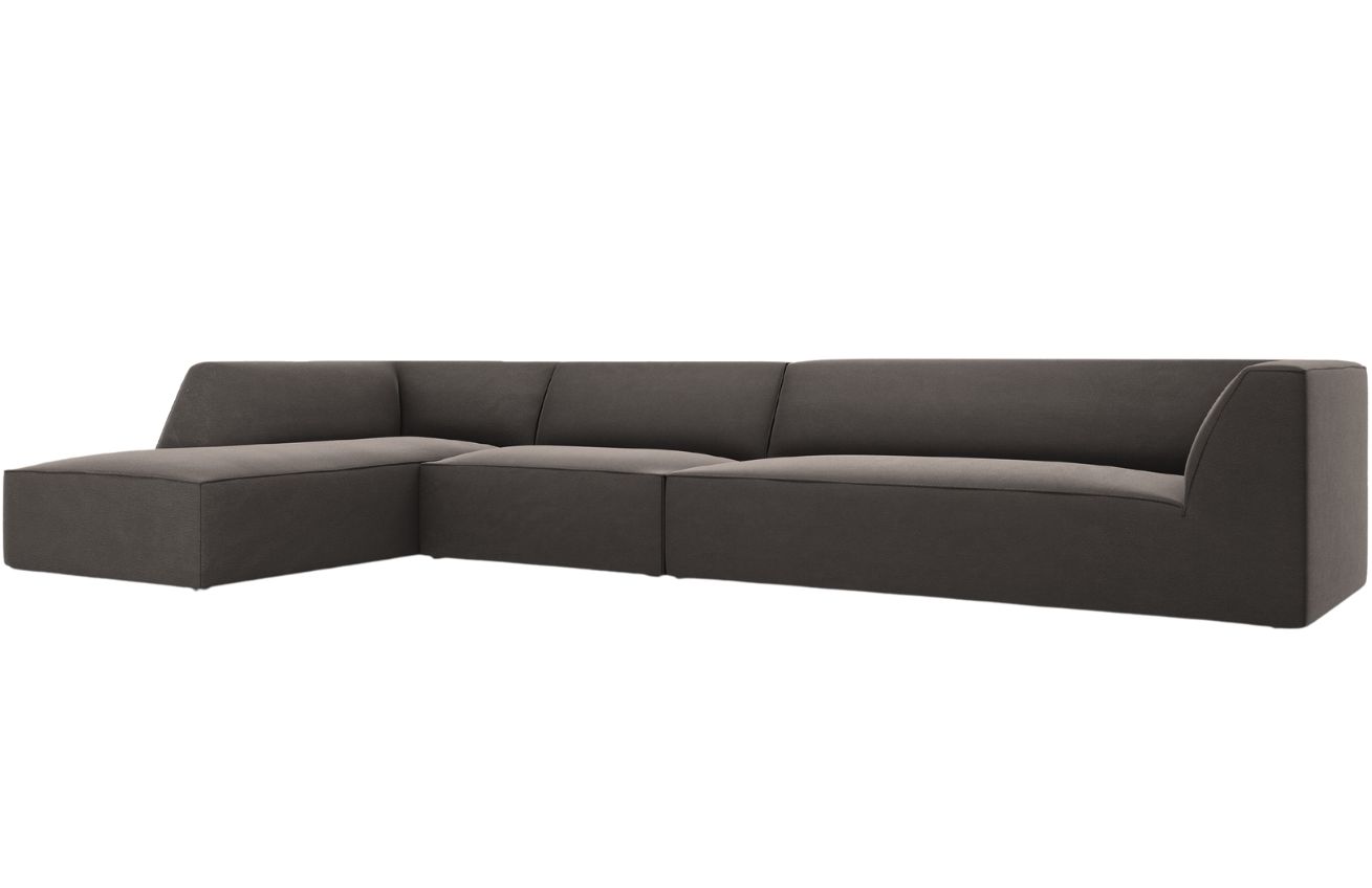 Tmavě &scaron;ed&aacute; sametov&aacute; rohov&aacute; pohovka MICADONI Ruby 366 cm, lev&aacute;