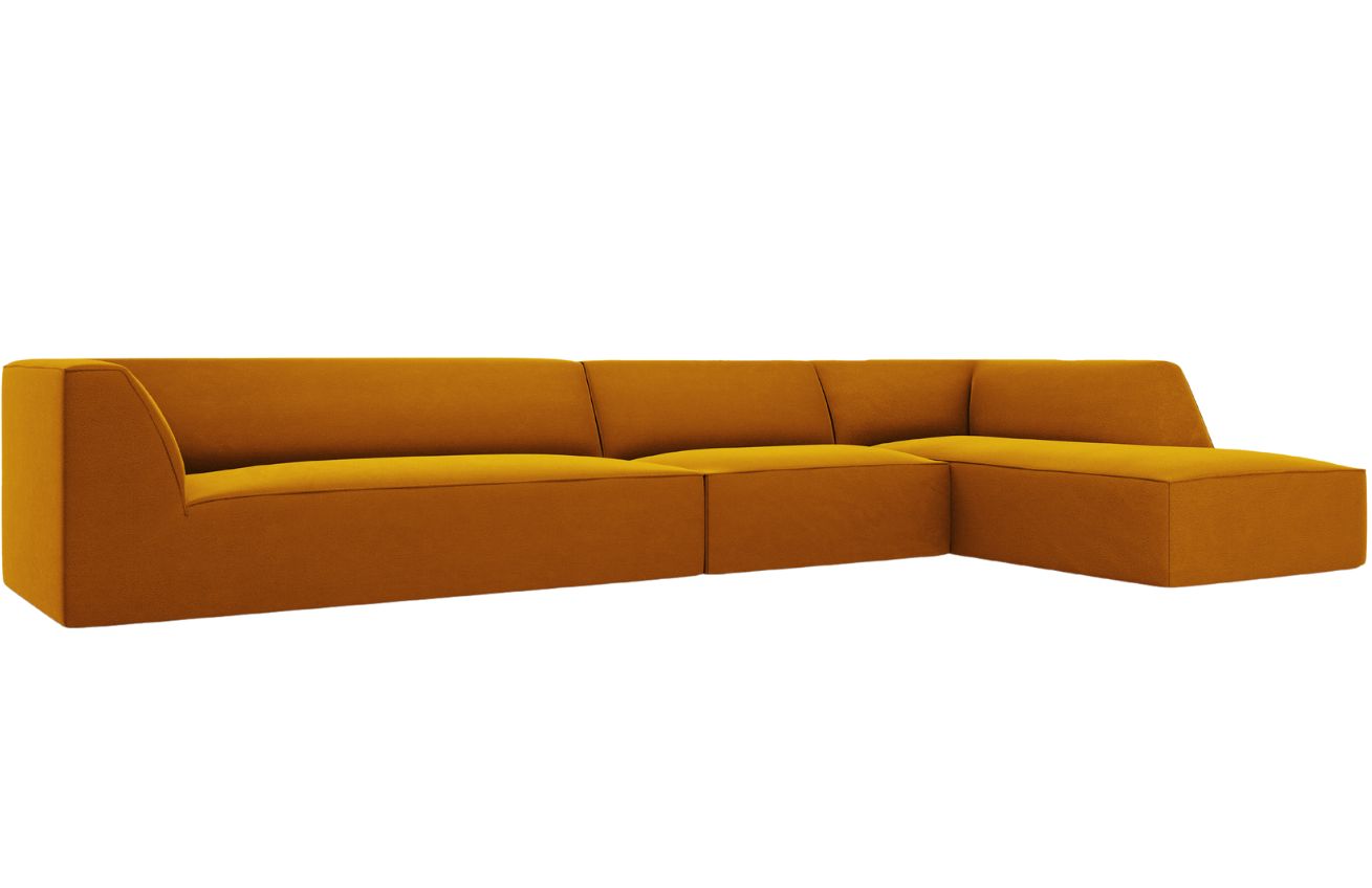 Žlut&aacute; sametov&aacute; rohov&aacute; pohovka MICADONI Ruby 366 cm, prav&aacute;