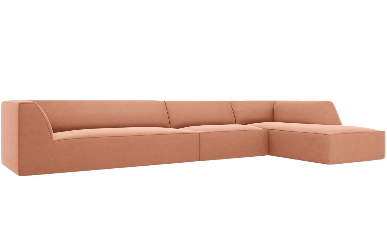 Růžov&aacute; sametov&aacute; rohov&aacute; pohovka MICADONI Ruby 366 cm, prav&aacute;