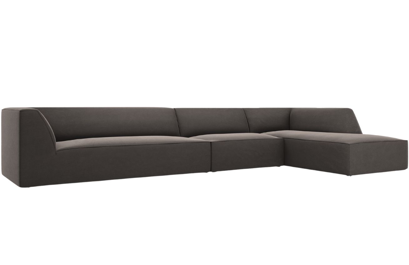 Tmavě &scaron;ed&aacute; sametov&aacute; rohov&aacute; pohovka MICADONI Ruby 366 cm, prav&aacute;