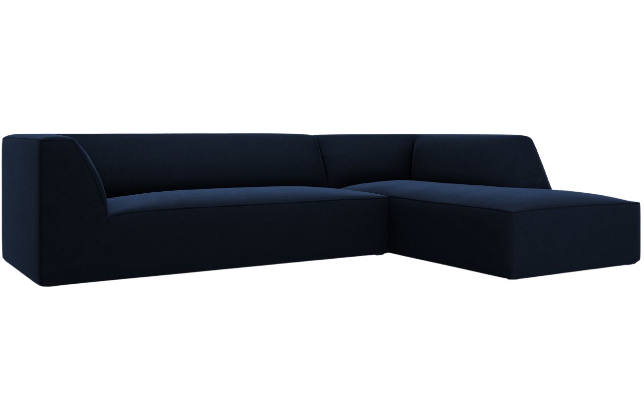 Kr&aacute;lovsky modr&aacute; sametov&aacute; rohov&aacute; pohovka MICADONI Ruby II. 273 cm, prav&aacute;