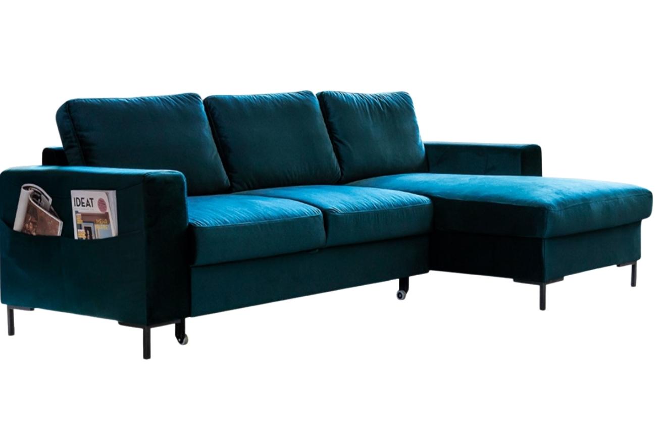 Petrolejově modrá sametová rohová rozkládací pohovka Miuform Lofty Lilly 236 cm,  pravá