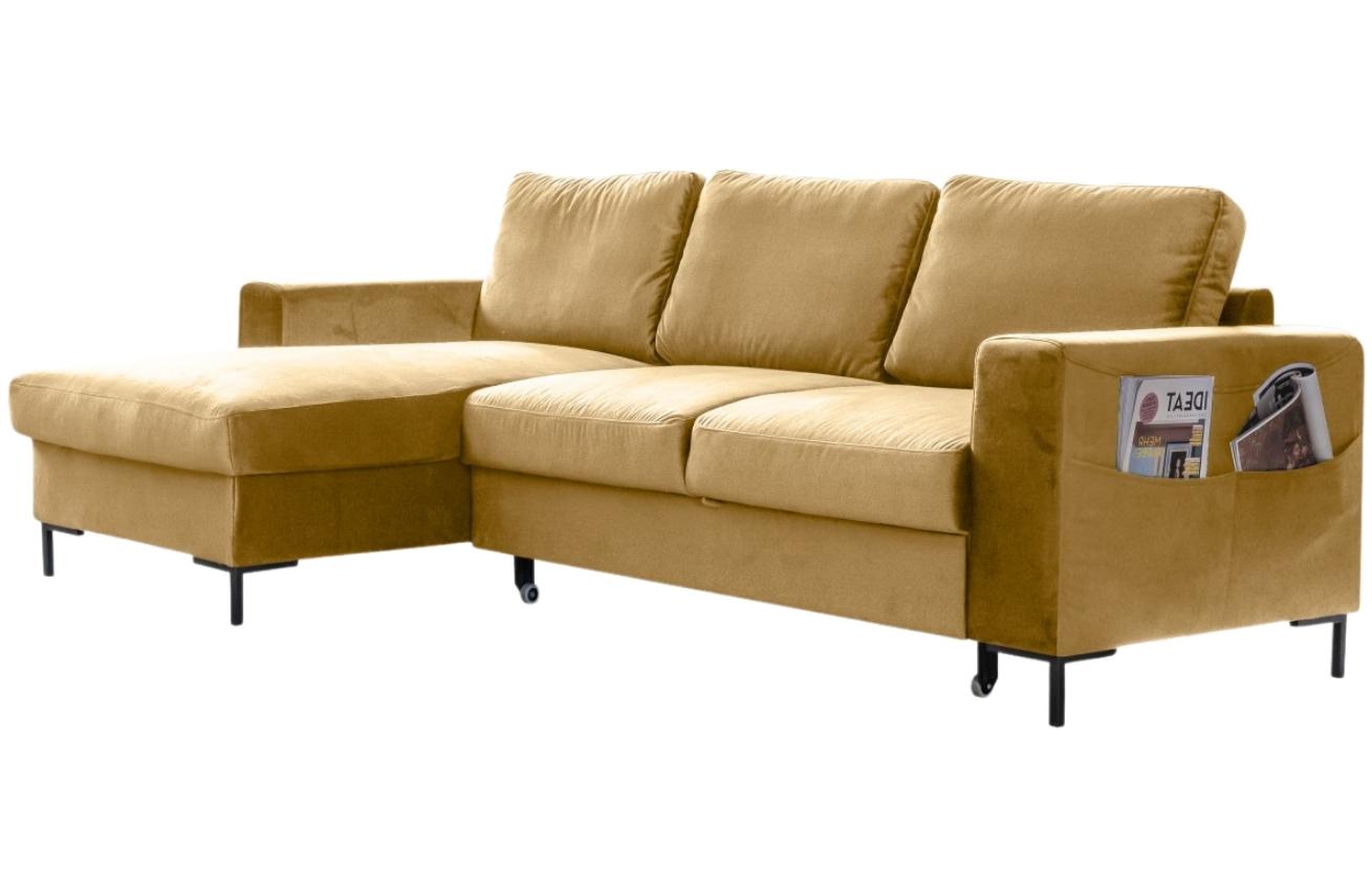 Hořčicově žlutá sametová rohová rozkládací pohovka Miuform Lofty Lilly 236 cm, levá