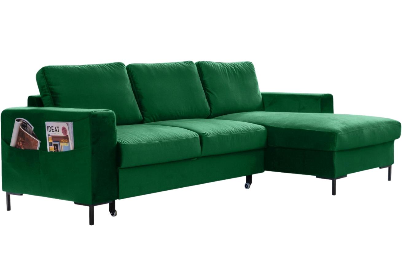 Zelená sametová rohová rozkládací pohovka Miuform Lofty Lilly 236 cm, pravá