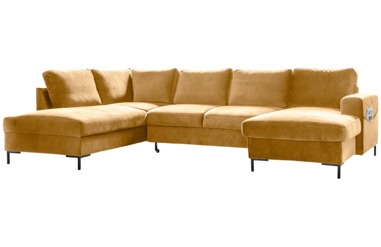 Hořčicově žlutá sametová rohová rozkládací pohovka do "U" Miuform Lofty Lilly 303 cm, levá