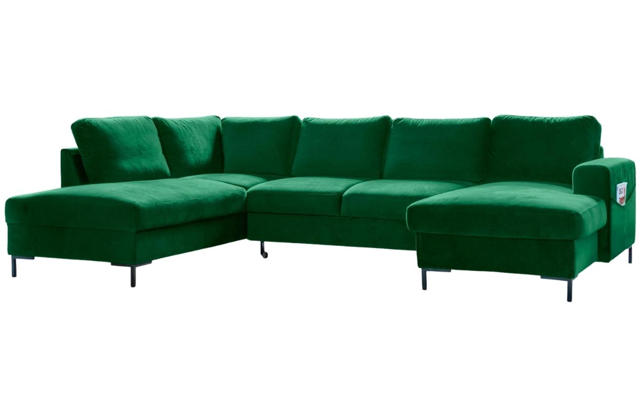 Zelená sametová rohová rozkládací pohovka do "U" Miuform Lofty Lilly 303 cm, levá
