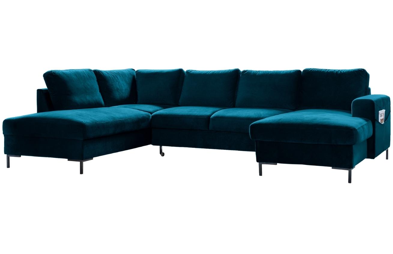 Petrolejově modrá sametová rohová rozkládací pohovka do "U" Miuform Lofty Lilly 303 cm, levá