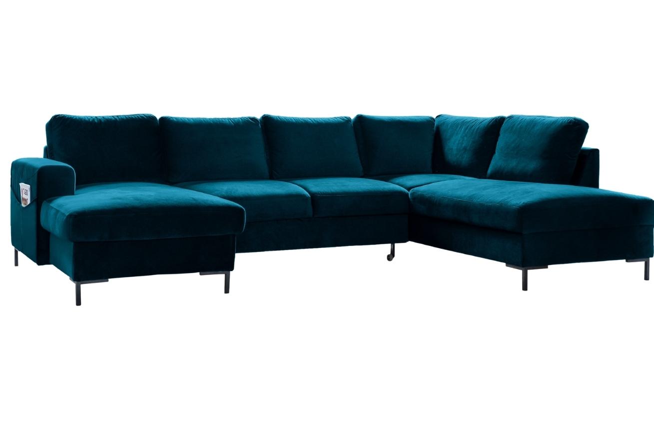 Petrolejově modrá sametová rohová rozkládací pohovka do "U" Miuform Lofty Lilly 303 cm, pravá
