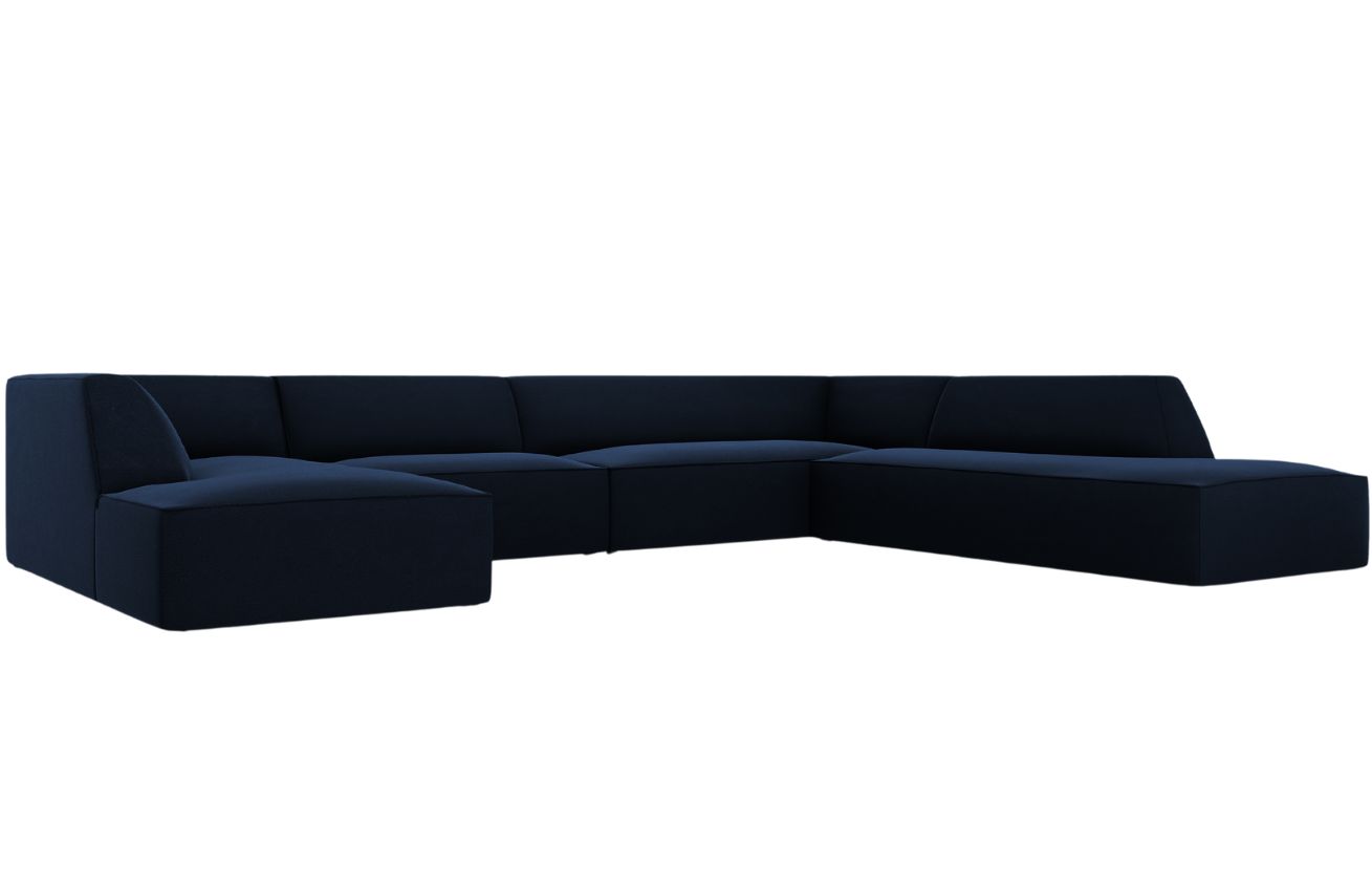 Kr&aacute;lovsky modr&aacute; sametov&aacute; rohov&aacute; pohovka MICADONI Ruby II. 366 cm, prav&aacute;