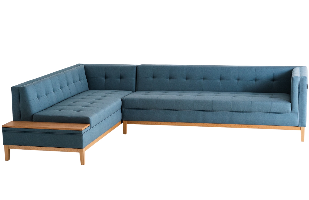 Nordic Design Světle modrá látková rohová pohovka Tomm 242 cm, levá