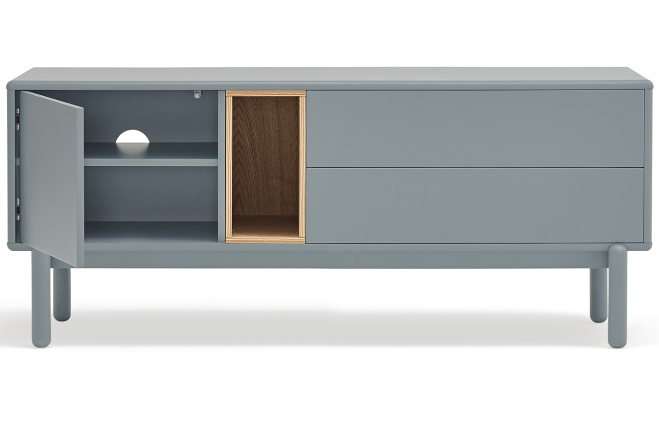 Šedomodrý lakovaný dubový TV stolek Teulat Corvo 140 x 40 cm