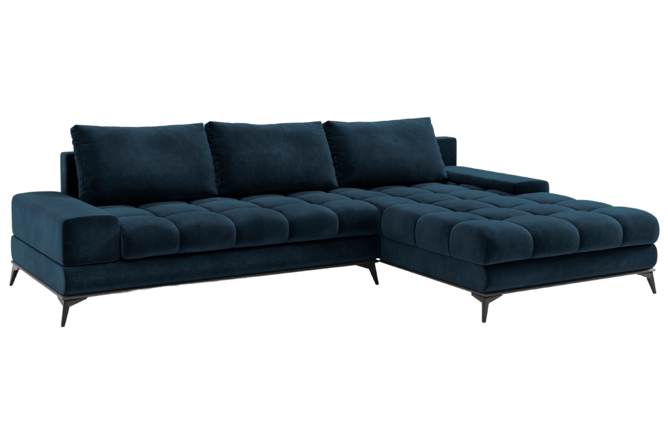 Královsky modrá sametová rozkládací rohová pohovka Windsor & Co Deneb 315 cm, pravá