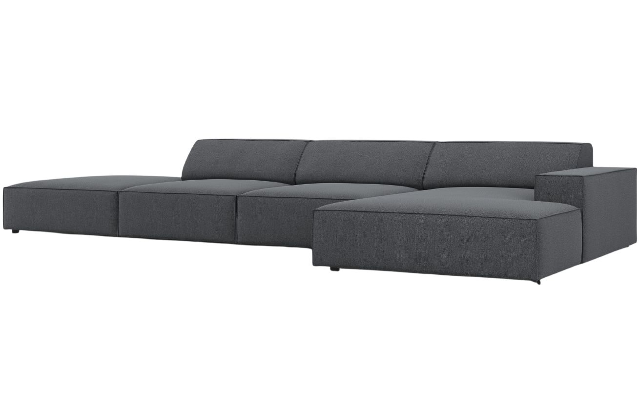 Tmavě &scaron;ed&aacute; l&aacute;tkov&aacute; rohov&aacute; pohovka MICADONI Jodie 341 cm, prav&aacute;