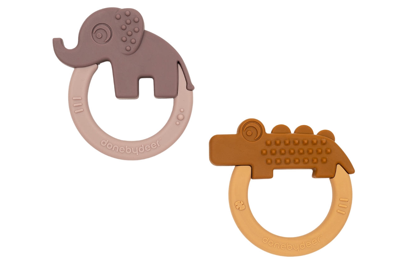 Sada růžového a žlutého silikonového kousátka Done by Deer Deer friends, 2 ks