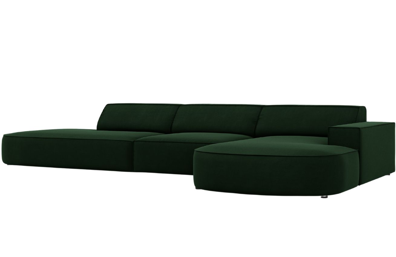 Lahvově zelen&aacute; sametov&aacute; rohov&aacute; pohovka MICADONI Jodie 342 cm, prav&aacute;