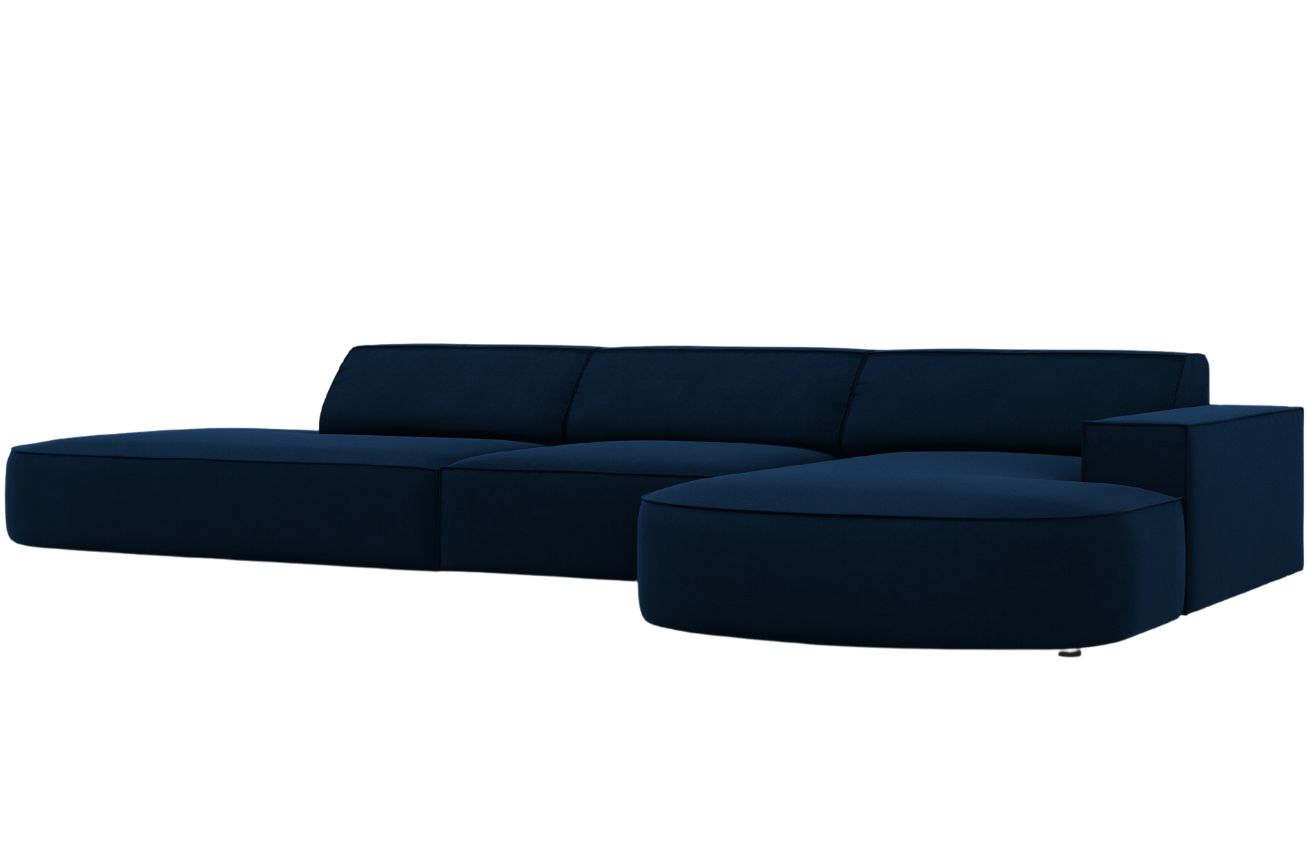 Kr&aacute;lovsky modr&aacute; sametov&aacute; rohov&aacute; pohovka MICADONI Jodie 342 cm, prav&aacute;