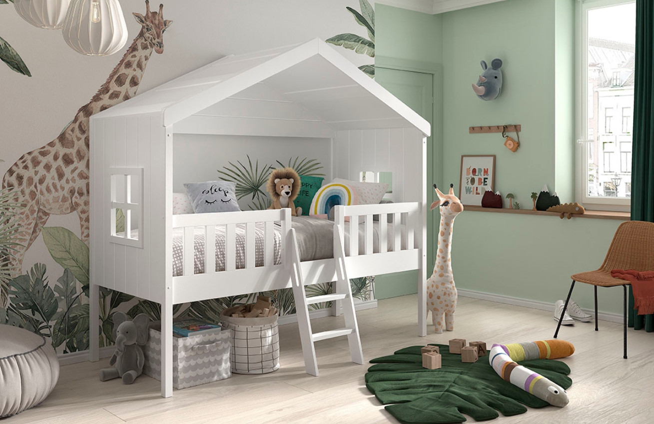 Bílá borovicová dětská postel Vipack Housebed 90 x 200 cm se žebříkem