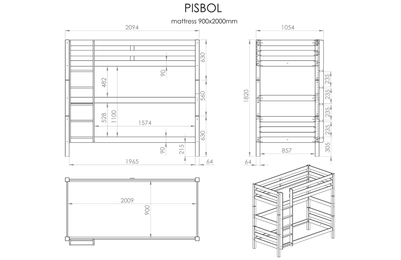 Šedá borovicová dvoupatrová postel Vipack Pino 90 x 200 cm s rámem uprostřed