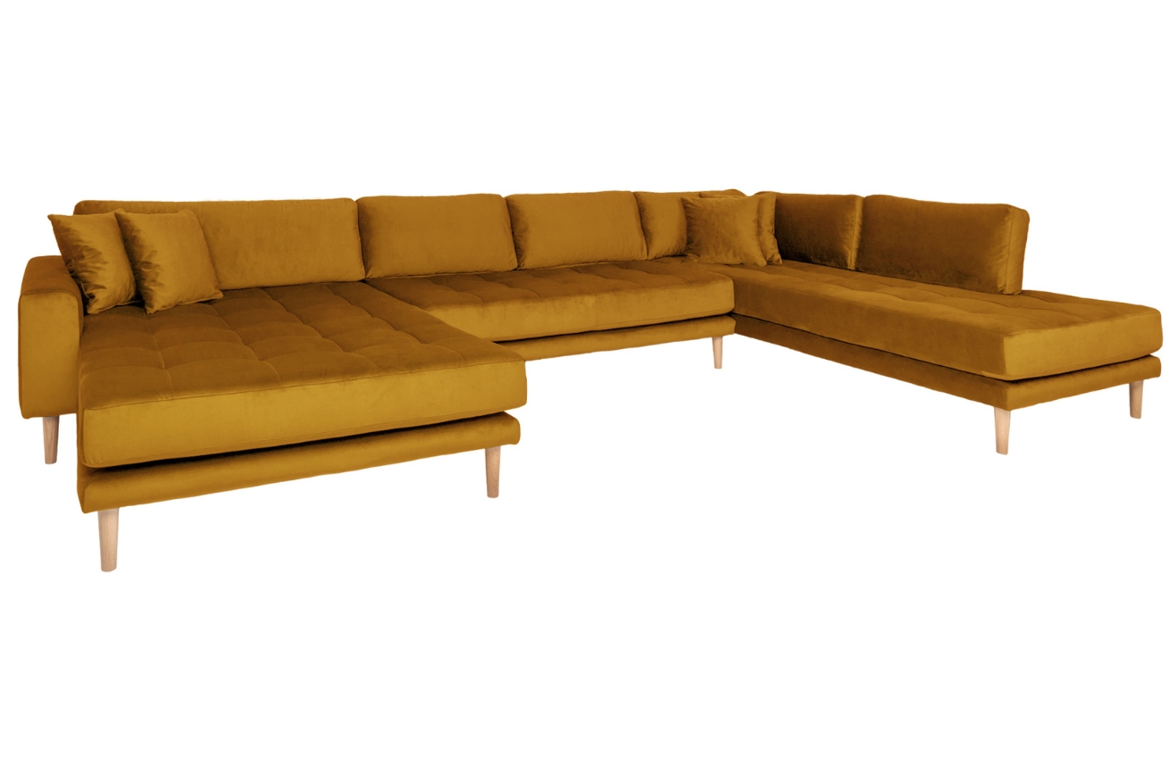 Nordic Living Hořčicově žlutá sametová rohová pohovka do "U" Limo 370 cm, levá