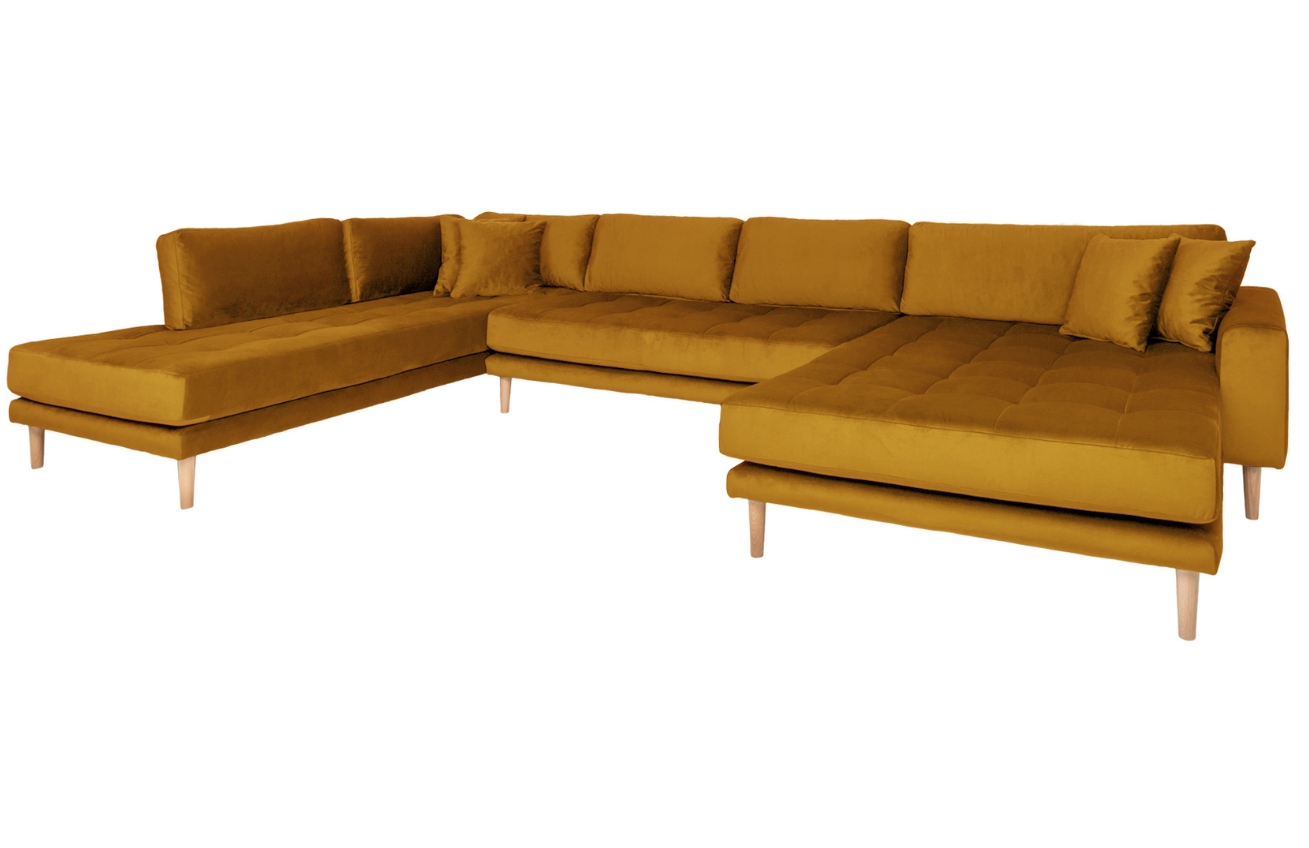 Nordic Living Hořčicově žlutá sametová rohová pohovka do "U" Limo 370 cm, pravá
