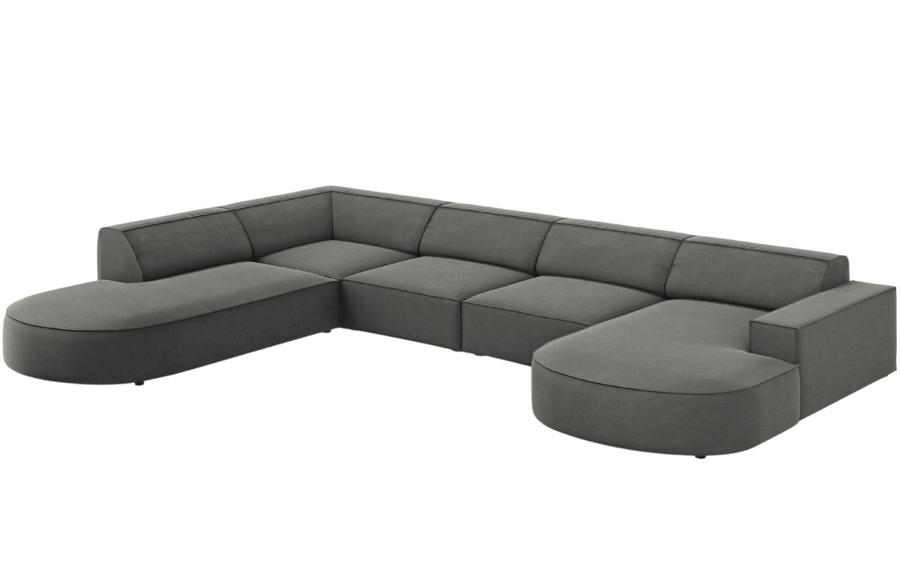 Světle &scaron;ed&aacute; sametov&aacute; &scaron;estim&iacute;stn&aacute; pohovka do "U" MICADONI Jodie 364 cm, lev&aacute;