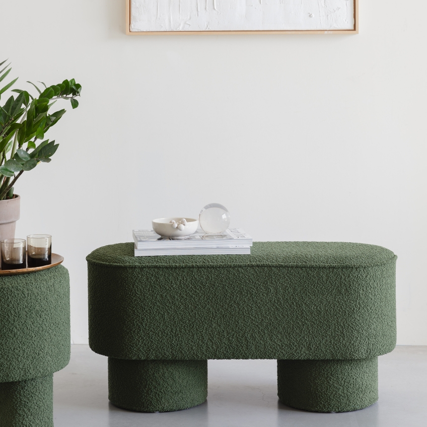 White Label Zelená bouclé lavice WLL MARCOS 93 cm