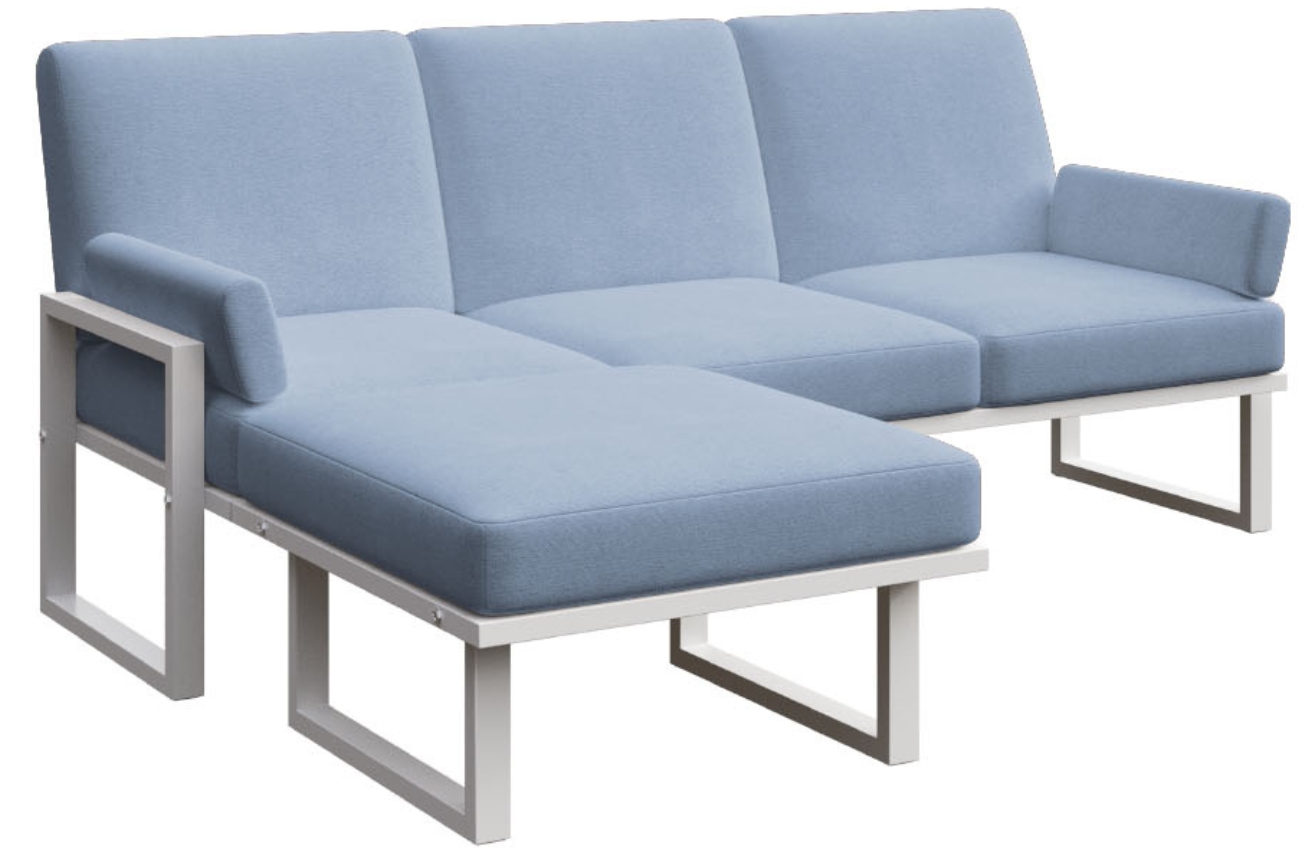 Modr&aacute; rohov&aacute; zahradn&iacute; pohovka MESONICA Soledo s b&iacute;lou podnož&iacute; 205 cm, lev&aacute;/prav&aacute;