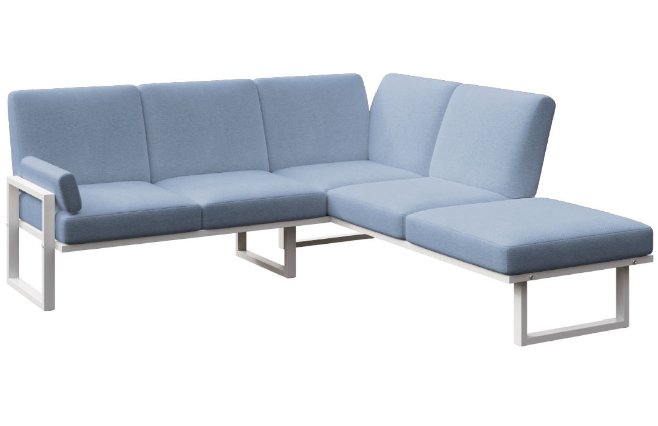 Modr&aacute; rohov&aacute; zahradn&iacute; pohovka MESONICA Soledo s b&iacute;lou podnož&iacute; 216 cm, lev&aacute;/prav&aacute;