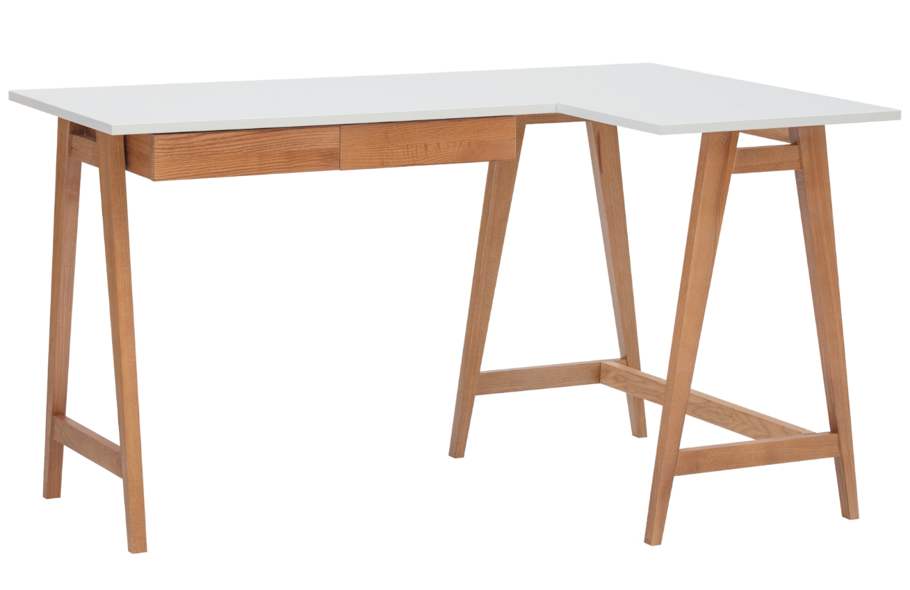 Bílý lakovaný rohový pracovní stůl RAGABA LUKA 135 x 85 cm s dubovou podnoží, pravý