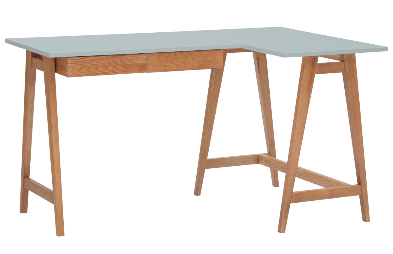 Světle šedý lakovaný rohový pracovní stůl RAGABA LUKA 135 x 85 cm s dubovou podnoží, pravý