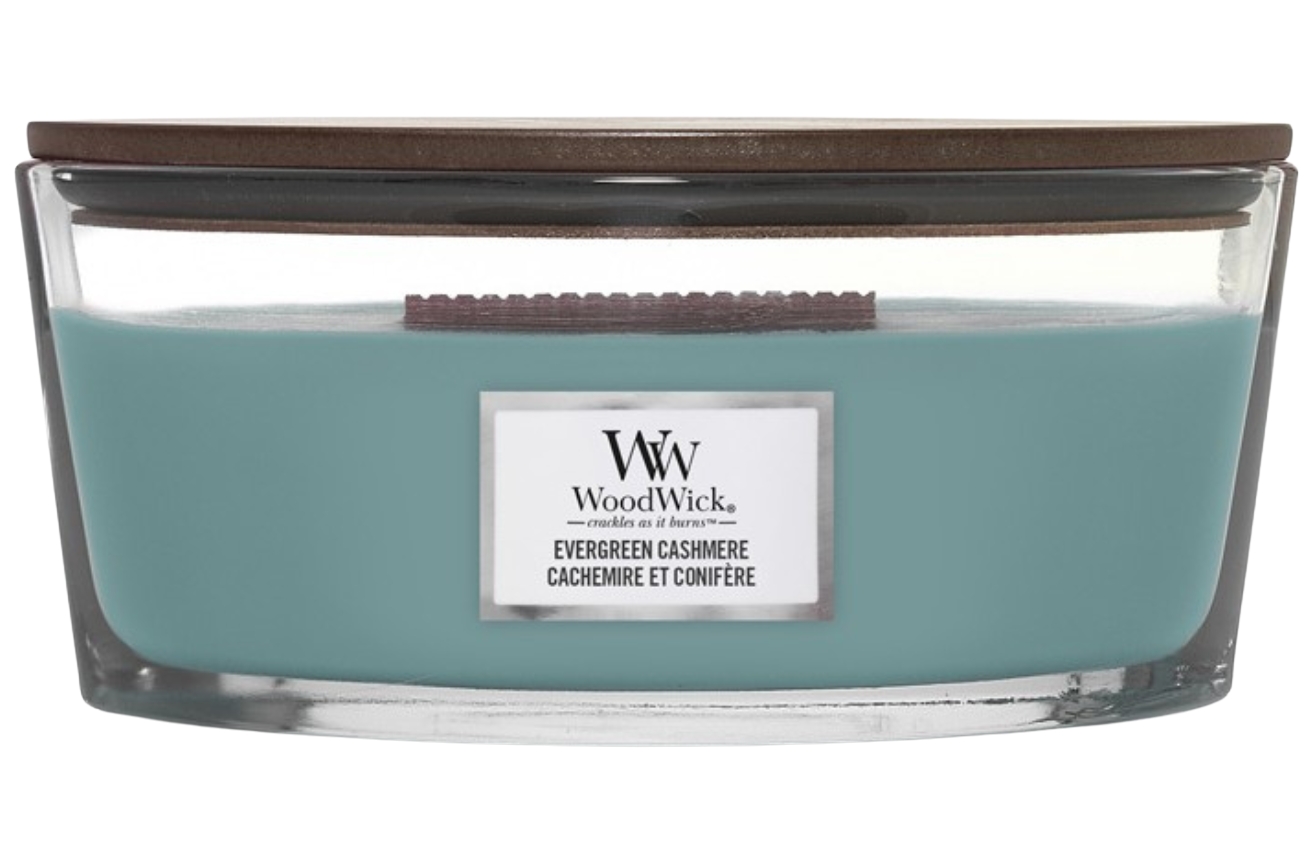 Vonná svíčka WoodWick loď, Evergreen Cashmere
