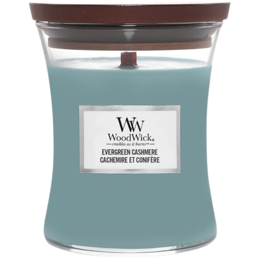 WoodWick Střední vonná svíčka WoodWick, Evergreen Cashmere