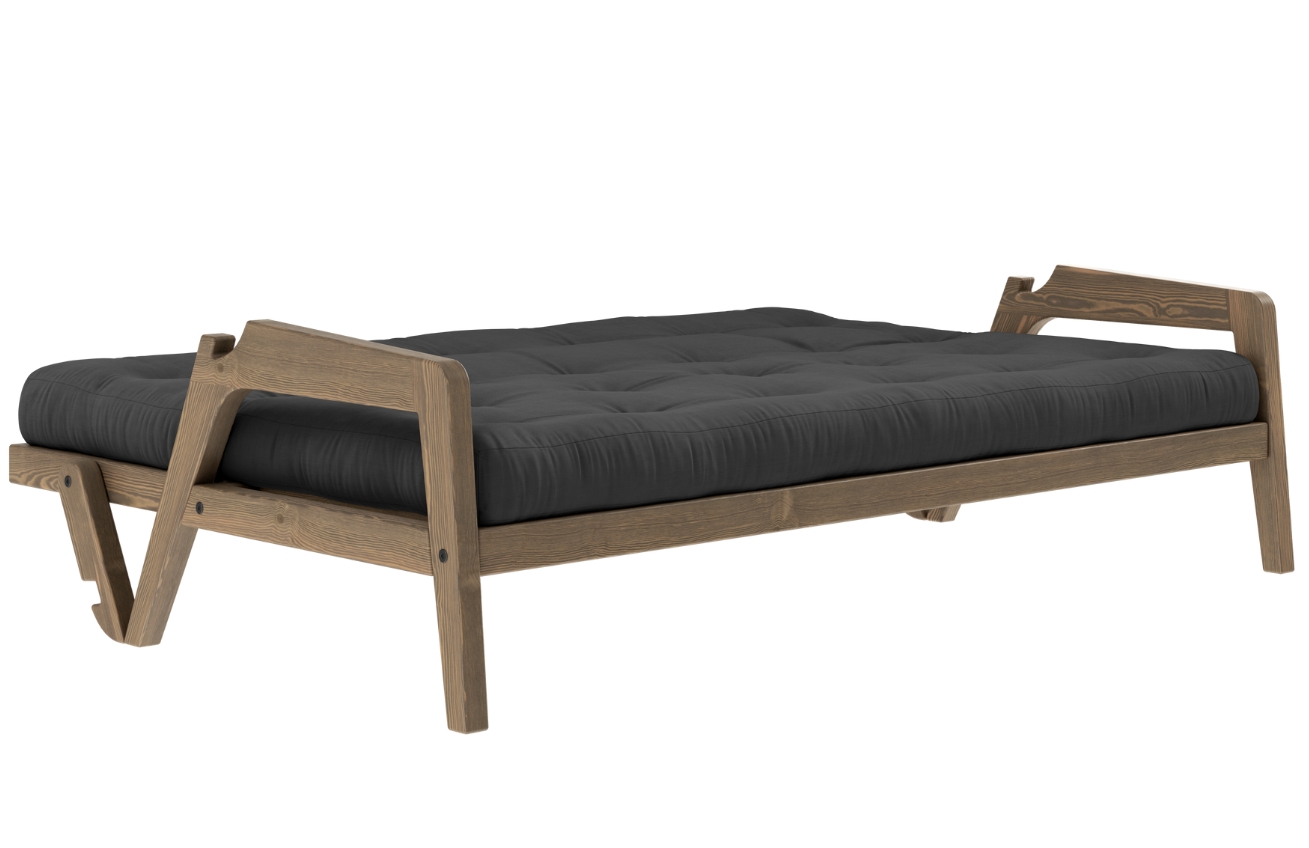 Tmavě šedá trojmístná rozkládací pohovka Karup Design Grab 204 cm s hnědou konstrukcí