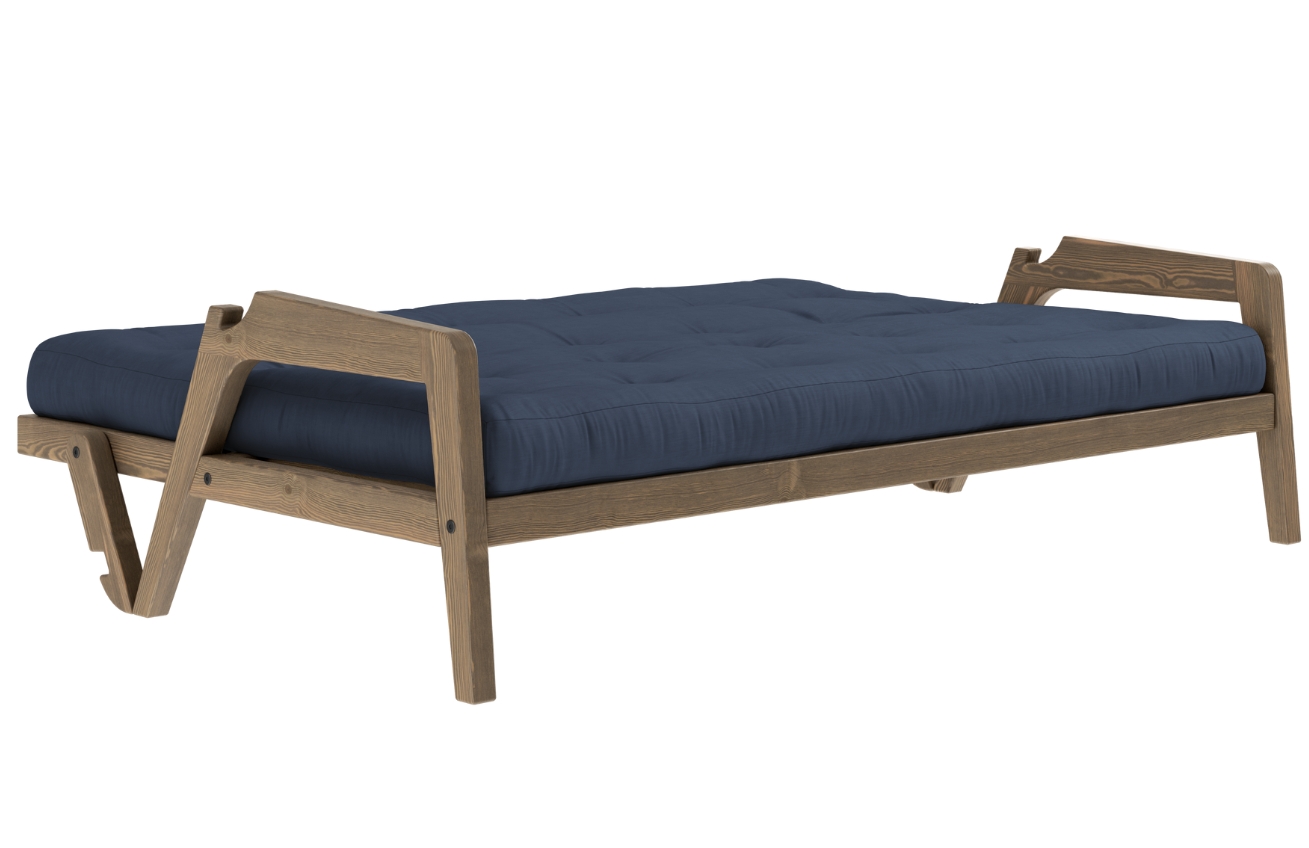 Tmavě modrá trojmístná rozkládací pohovka Karup Design Grab 204 cm s hnědou konstrukcí