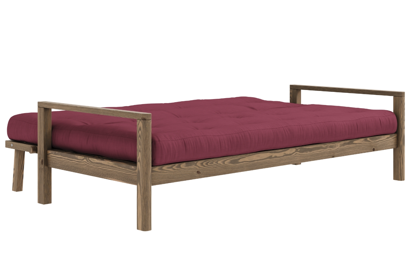 Bordově červená trojmístná rozkládací pohovka Karup Design Knob 205 cm s hnědou konstrukcí