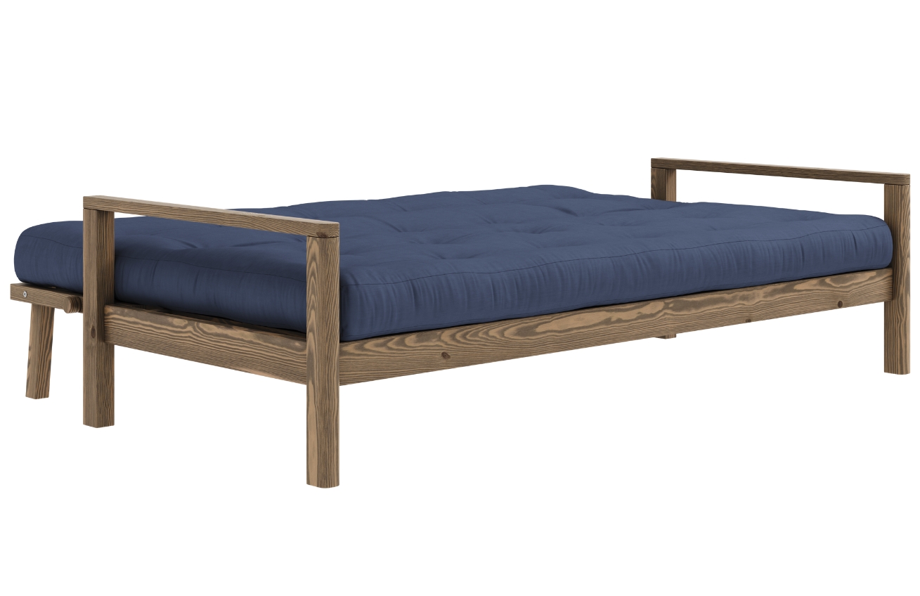 Tmavě modrá trojmístná rozkládací pohovka Karup Design Knob 205 cm s hnědou konstrukcí