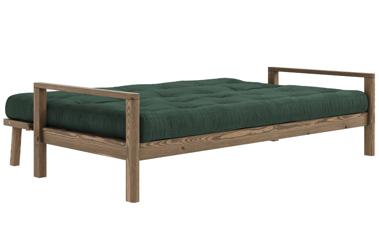 Tmavě zelená manšestrová trojmístná rozkládací pohovka Karup Design Knob 205 cm s hnědou konstrukcí