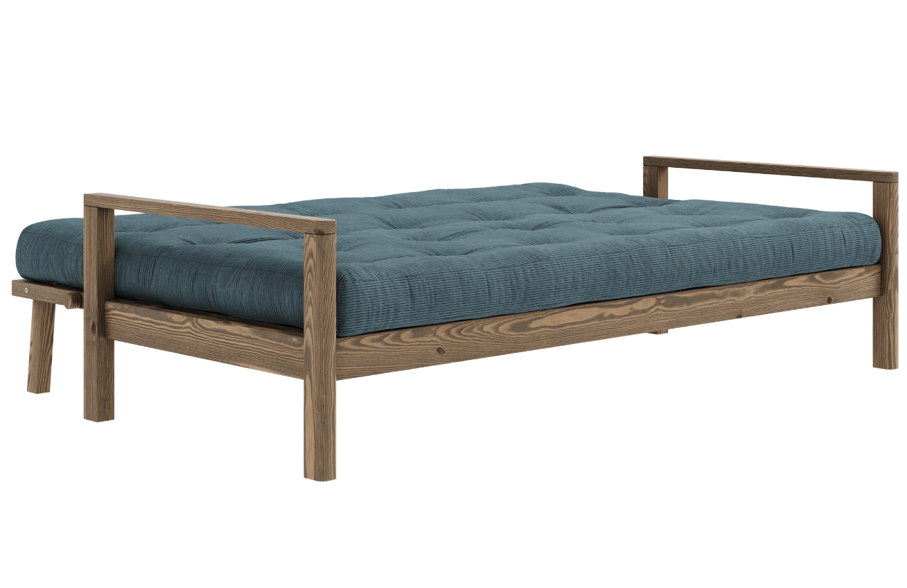 Tmavě modrá manšestrová trojmístná rozkládací pohovka Karup Design Knob 205 cm s hnědou konstrukcí