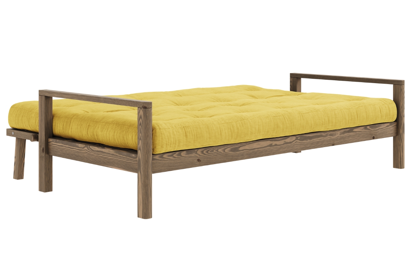 Žlutá manšestrová trojmístná rozkládací pohovka Karup Design Knob 205 cm s hnědou konstrukcí
