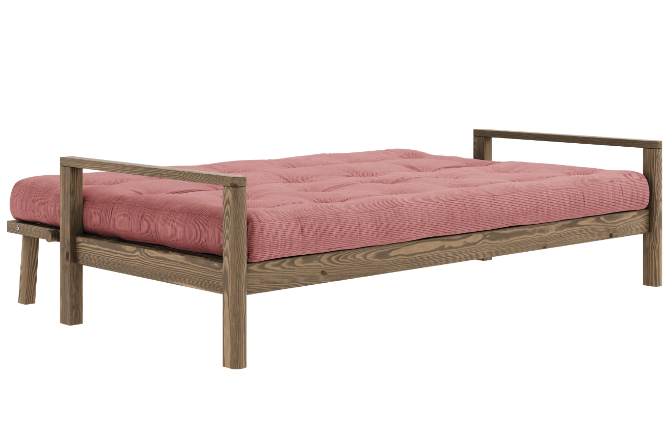 Růžová manšestrová trojmístná rozkládací pohovka Karup Design Knob 205 cm s hnědou konstrukcí
