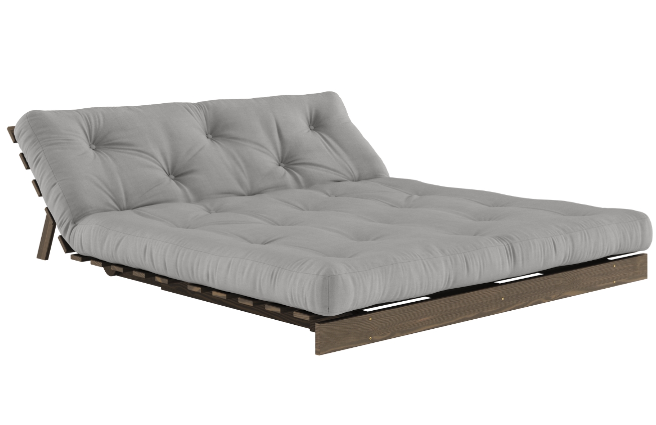 Šedá dvojmístná rozkládací pohovka Karup Design Roots 160 cm s hnědou konstrukcí