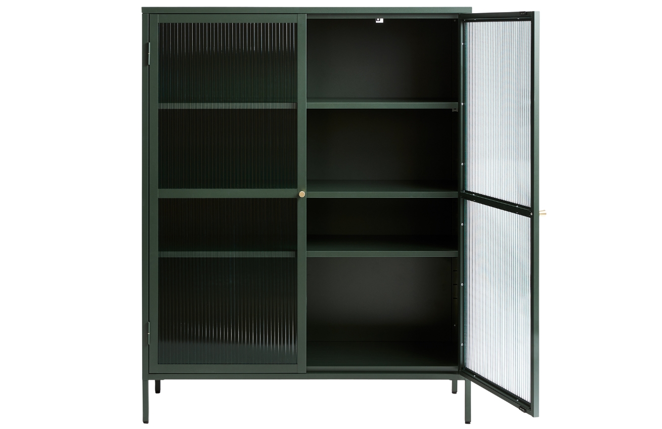 Tmavě zelená kovová vitrína Unique Furniture Bronco 140 x 111 cm