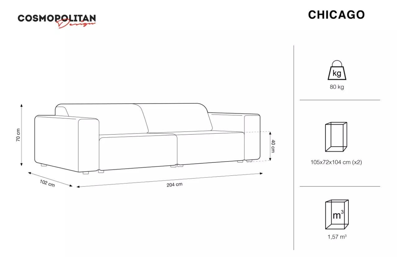 Světle šedá čalouněná třímístná pohovka Cosmopolitan Design Chicago 204 cm