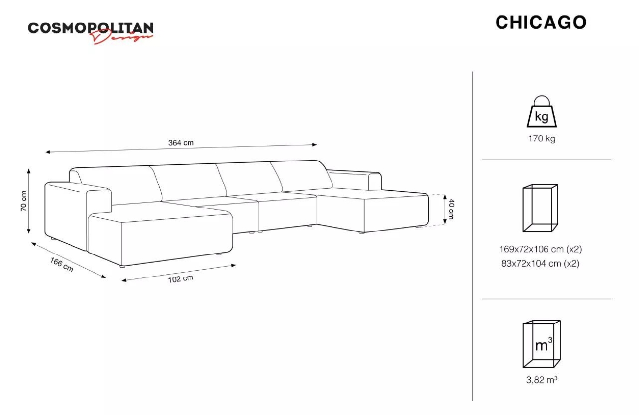 Zelená sametová rohová pohovka do "U" Cosmopolitan Design Chicago 364 cm