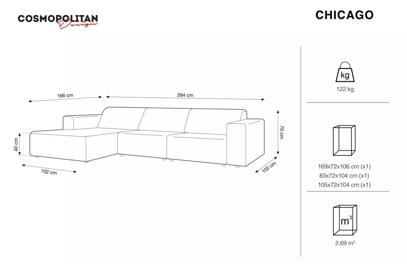 Béžová sametová rohová pohovka Cosmopolitan Design Chicago 284 cm, levá