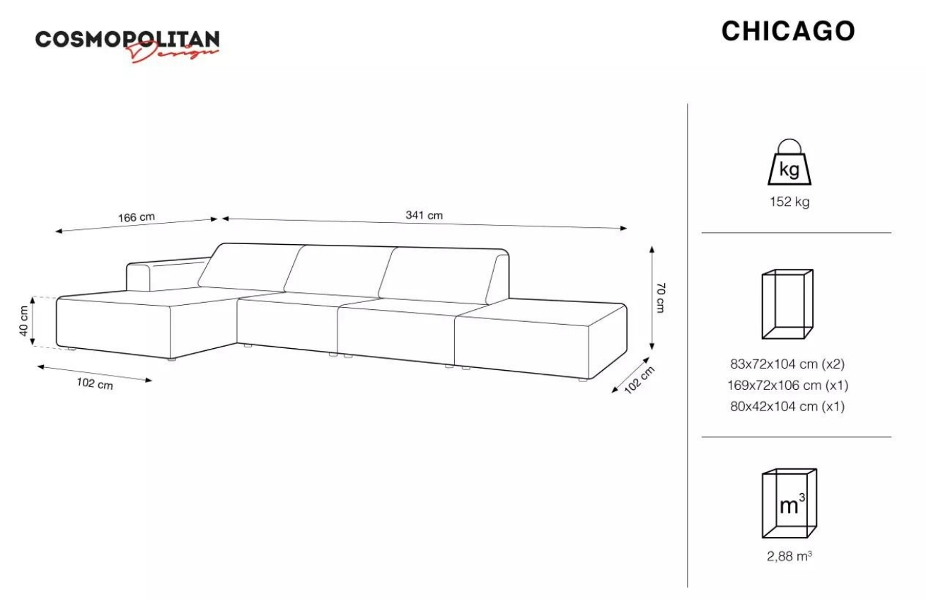 Zelená sametová rohová pohovka Cosmopolitan Design Chicago 341 cm, levá