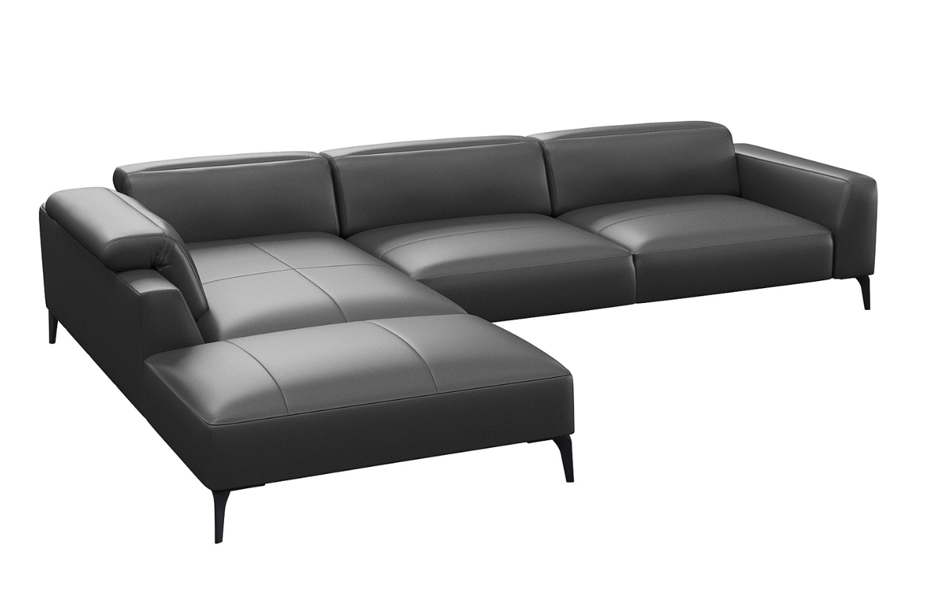 Černá kožená rohová pohovka FLEXLUX VOLUZZI 325 cm, levá